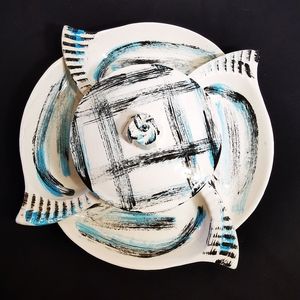 California Pottery Vintage Serving Set Blue and Black Brushstroke Plaid 6 Pieces